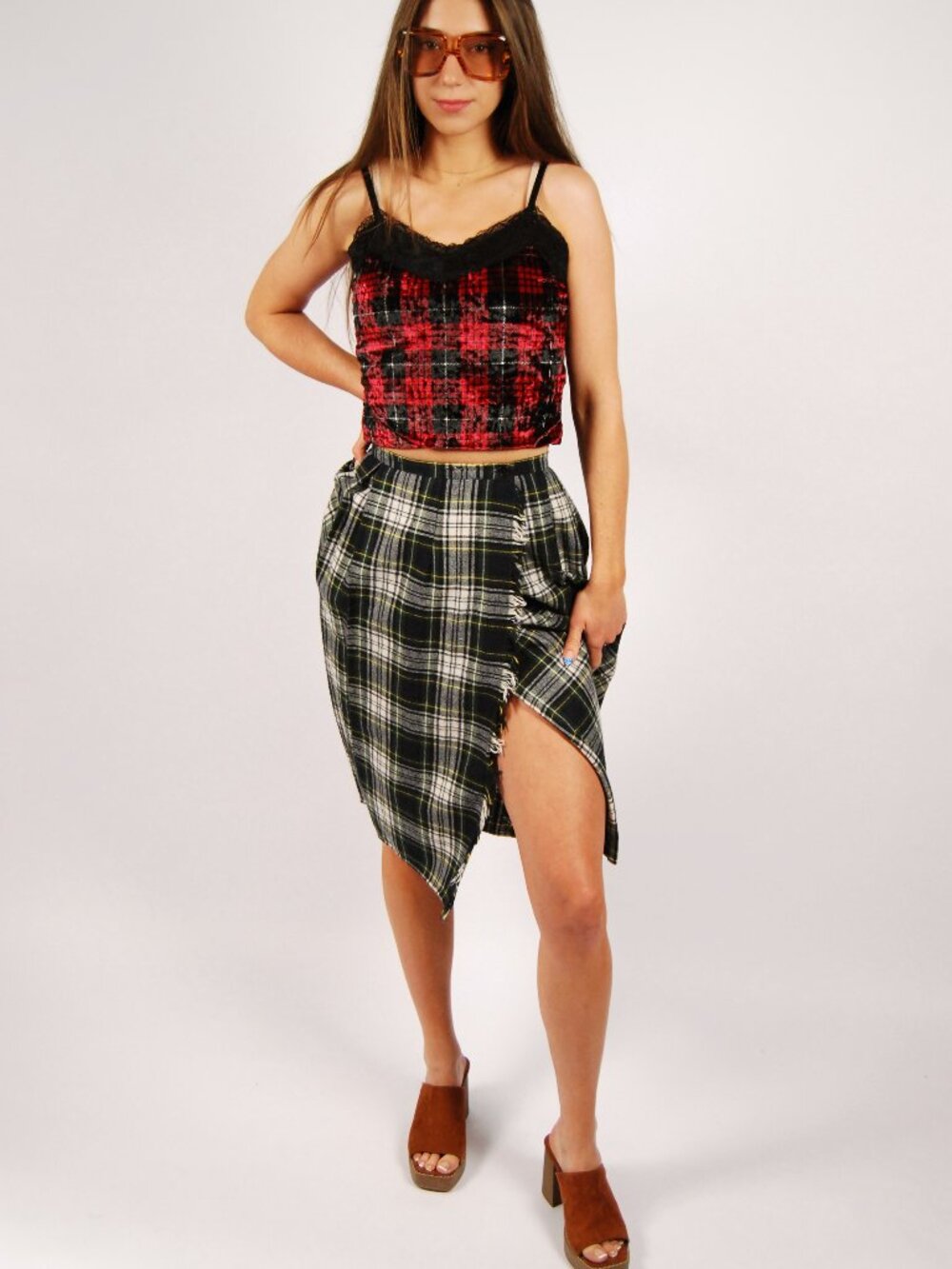 90s Plaid Wrap Skirt Kilt (XS) green blue vintage womens scottish school preppy